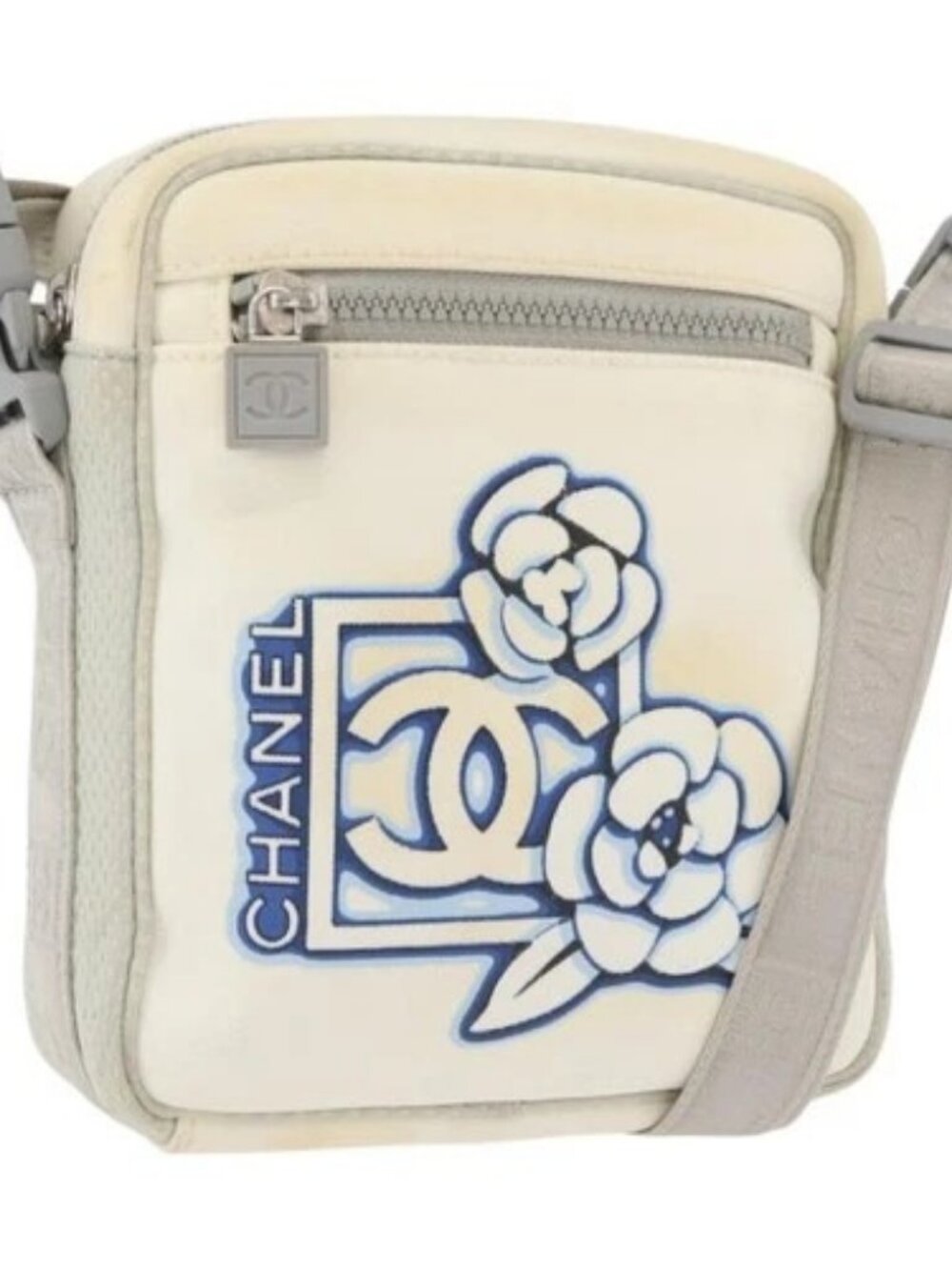 CHANEL Sports Camelia Shoulder Bag Nylon White Silver CC Auth bs34278